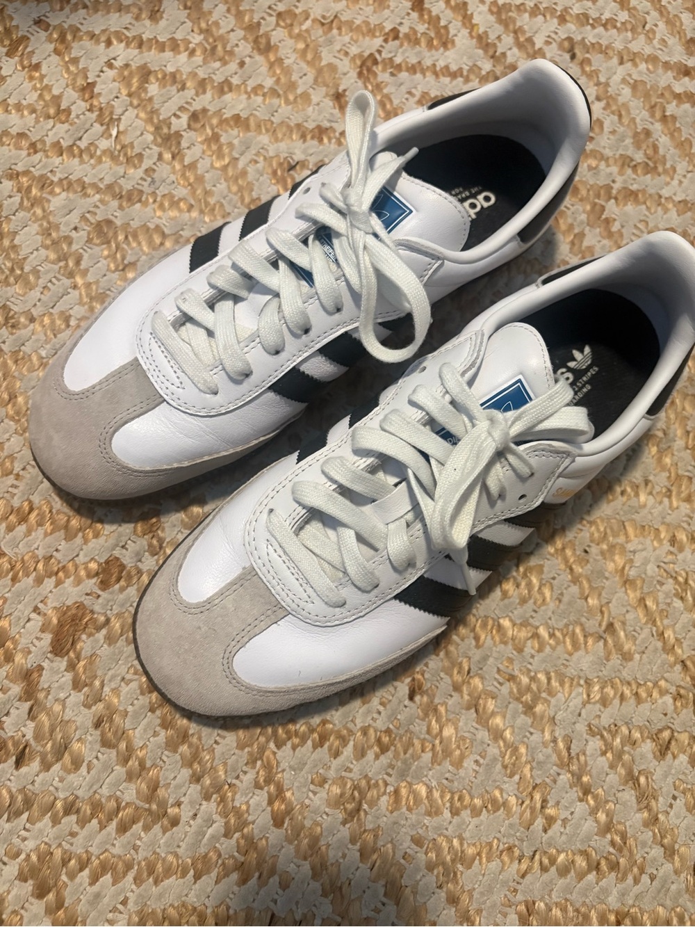 adidas White Sneakers with Black Stripes and Gray Suede Toe